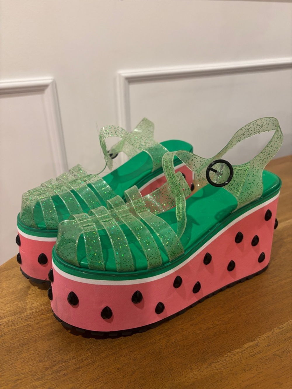Sugar Thrillz Green Glitter Jelly Platform Sandals with Pink Watermelon Wedge
